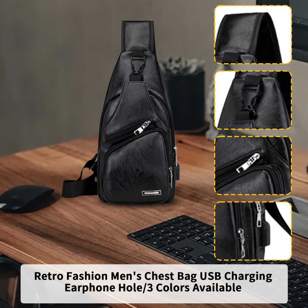PU Leather Sling Bag for Men and Women with Adjustable Shoulder Strap, Zippered Pockets and Earphone Opening for Daily Walking, Hiking and Travel