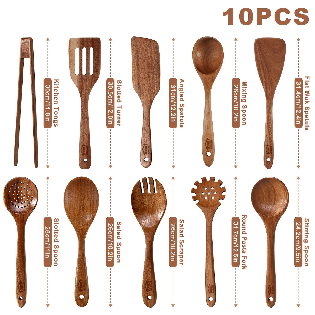 Wooden Cooking Utensils Set, 10-Piece Teak Kitchen Spoon and Spatula Tool Options for Everyday Stirring, Mixing and Meal Preparation in Home Kitchens