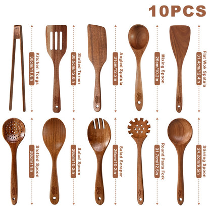 Wooden Cooking Utensils Set, 10-Piece Teak Kitchen Spoon and Spatula Tool Options for Everyday Stirring, Mixing and Meal Preparation in Home Kitchens