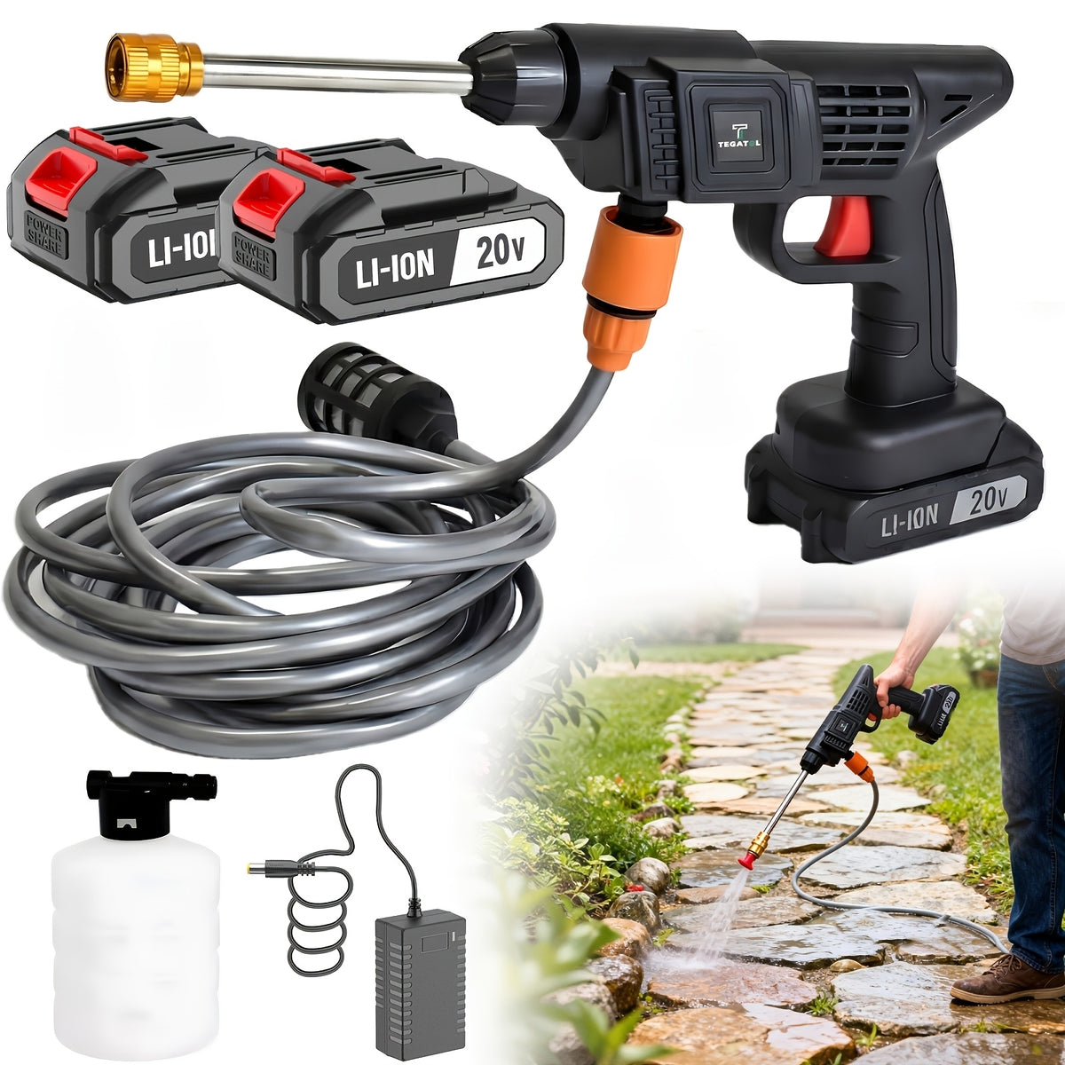 Rechargeable Cleaning Water Gun with Listed 20V Power, One or Two Battery and Upgrade Options, Handheld Spray Tool for Compatible Car Cleaning and Garden Tasks