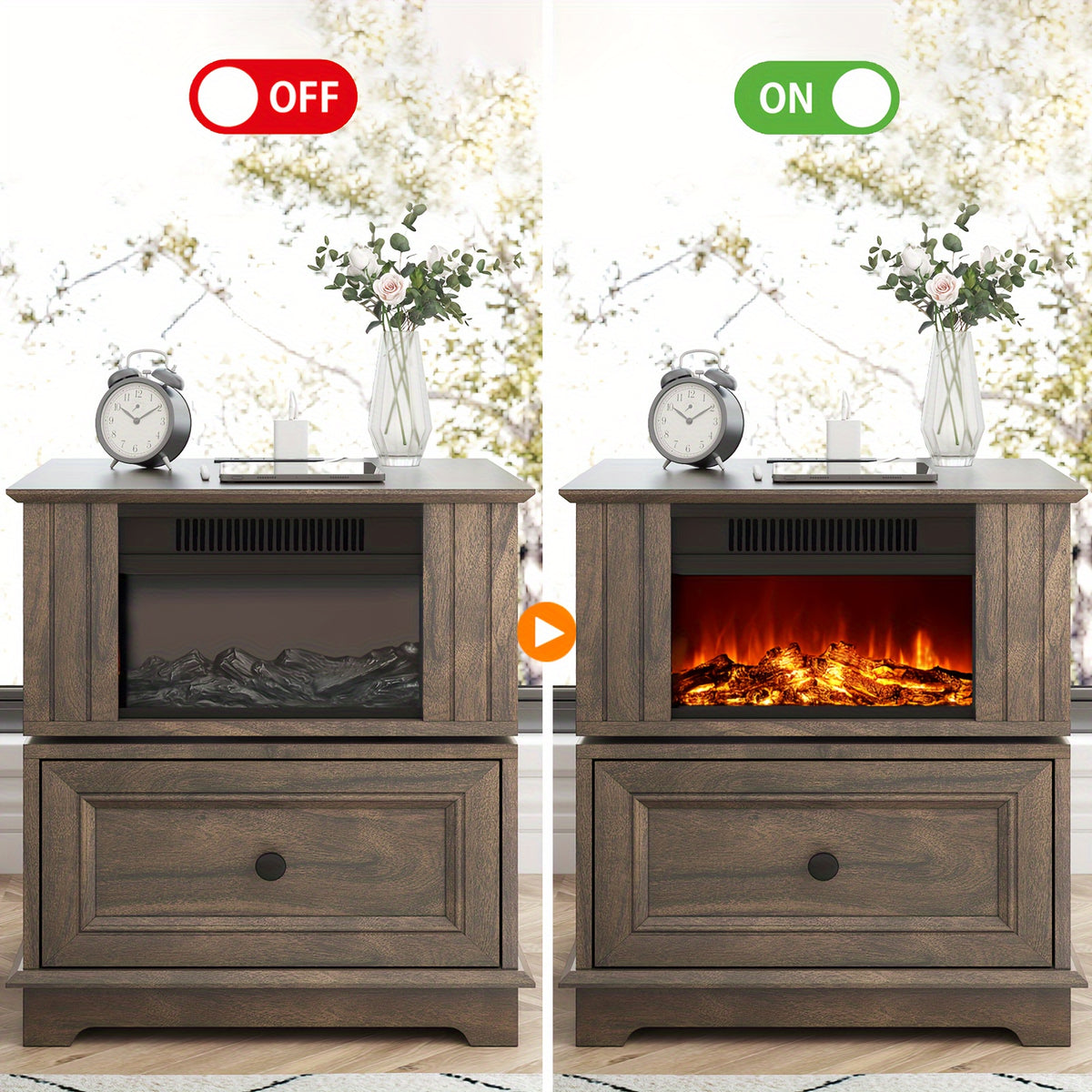 Electric Fireplace End Table with Listed 180-Degree Rotation and 13-Inch Screen, Storage and Charging Station, Six Finish Choices for Living Room Layouts