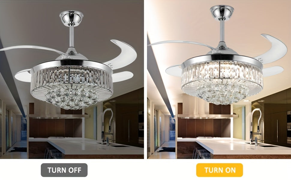 Crystal Style Ceiling Fan Light in Silvery with Three Light Tones, Remote Light Control, Six Fan Speeds and Reversible Airflow for Bedroom and Dining Room Decor