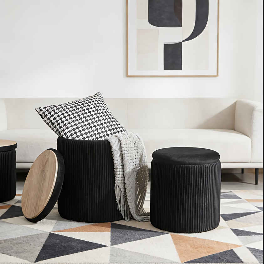 Round Storage Ottomans Set of Two with Lids and Upholstered Styling, Hidden Storage Furniture in Black, Grey or Beige for Living Room and Vanity Area Organization