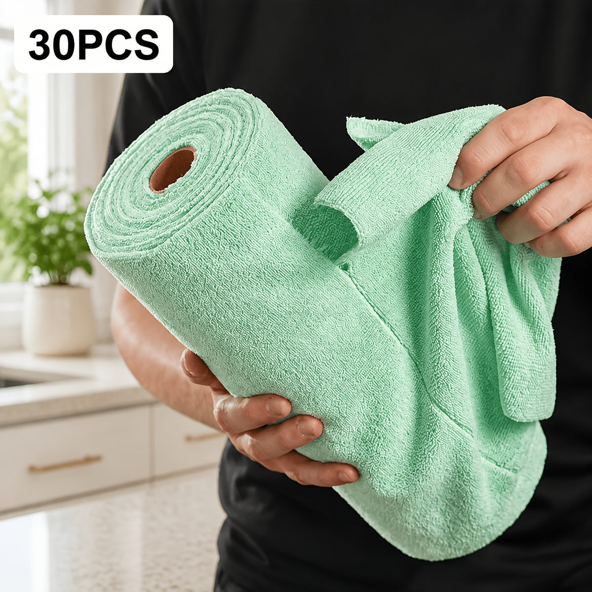 Reusable Cleaning Cloth Roll with 30 Listed Wipes, Microfiber Towel Format in Pink, Light Green or Blue for Household Kitchen, Car and RV Cleaning Tasks