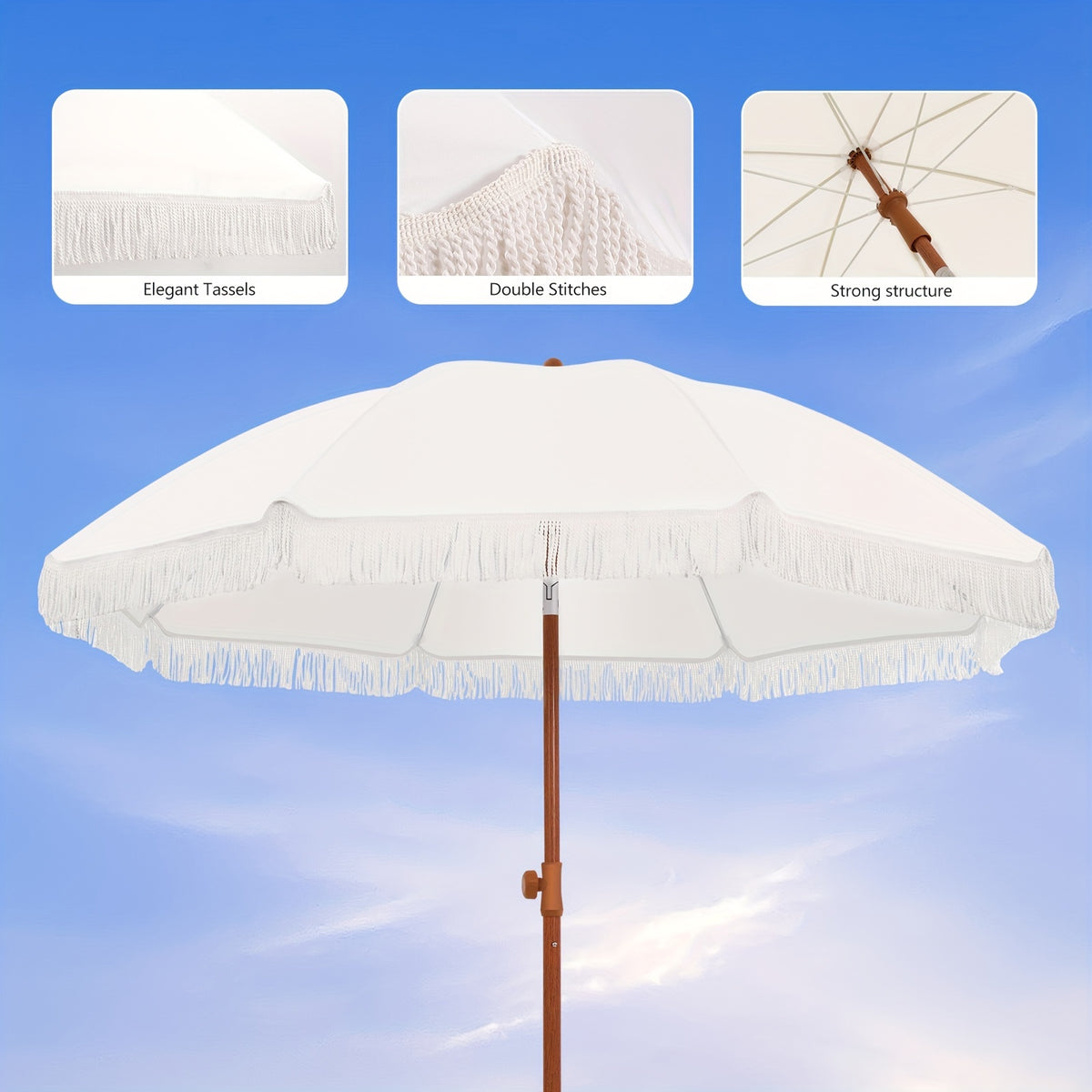 Eight-Rib Patio Umbrella with Push-Button Tilt Adjustment for Outdoor Garden and Courtyard Seating, Beige, Blue Pinstripe and White Style Selections