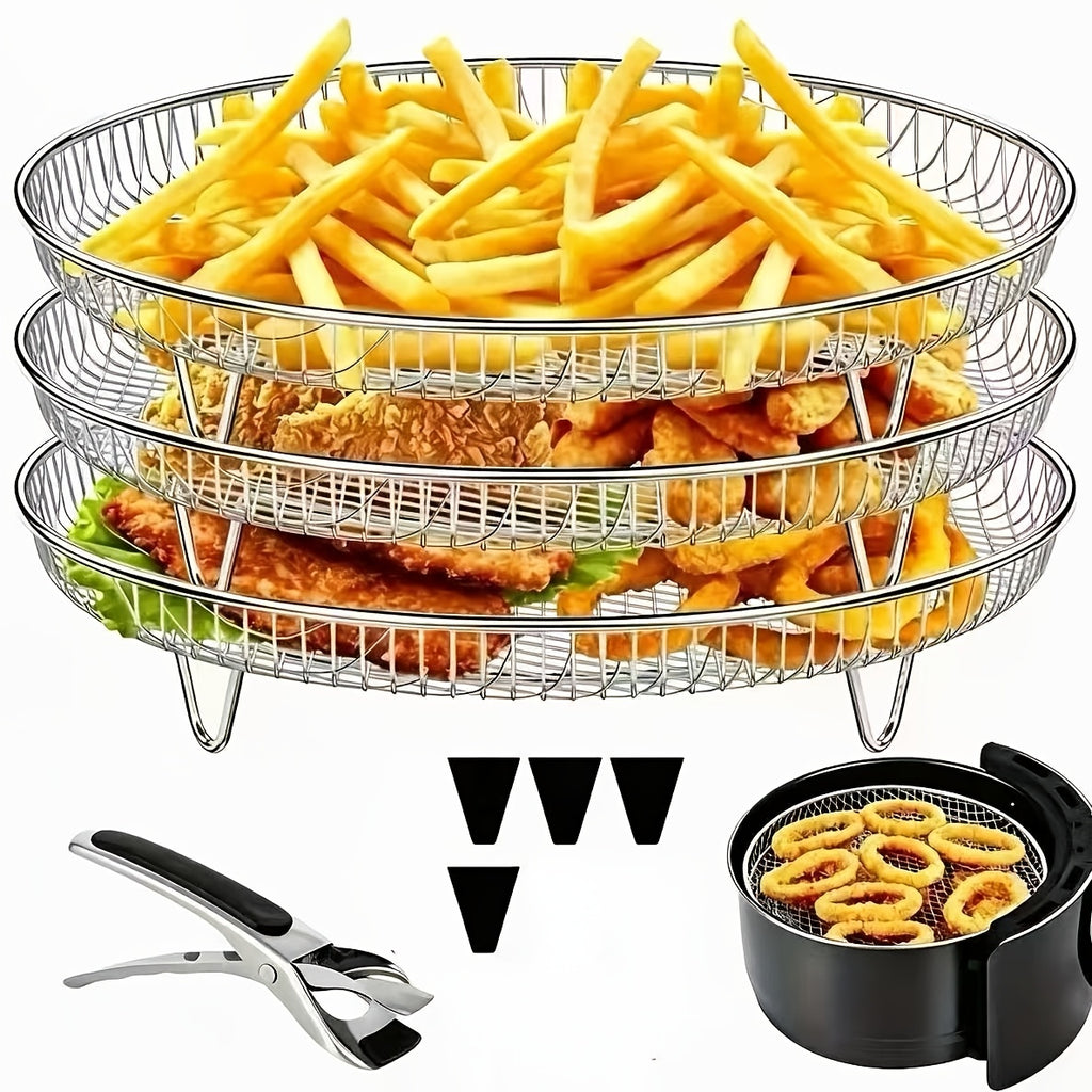 Air Fryer Dehydrating Rack Set in Silvery with Listed Eight Pieces, Stainless Steel Round Stackable Design, Raised Legs and Clips for Compatible Basket Cooking