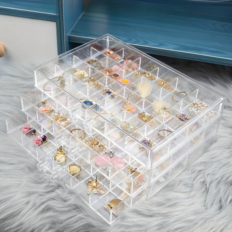 Three-Layer Jewelry Organizer with 72 Listed Compartments for Earrings, Rings and Small Accessories, Clear Storage Design with Optional Blank Painting Template