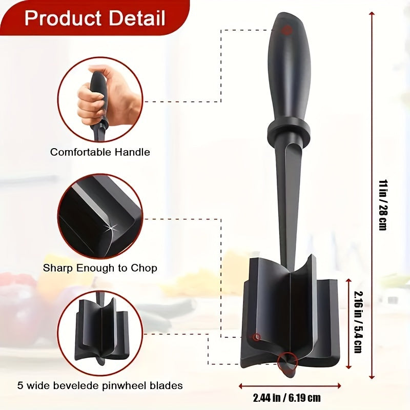 Plastic Meat Chopper and Masher, Single Manual Ground Beef Mixing Tool in Black, Red or Green for Hamburger Preparation, Taco Fillings and Everyday Kitchen Meal Prep