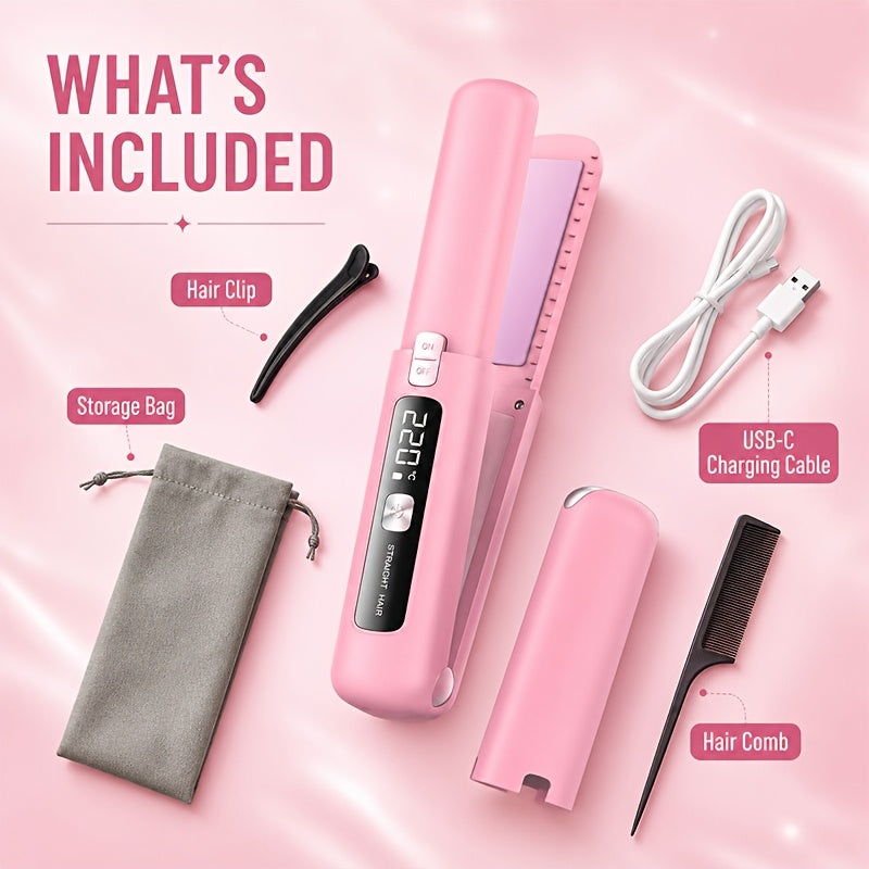 Cordless Hair Straightener and Curler in Gray, Listed Mini 2-in-1 USB-Rechargeable Flat Iron Design for Portable Styling and Travel Preparation