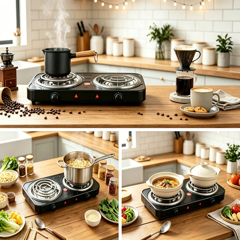 Double-Coil Electric Hot Plate with Five Adjustable Heat Settings, Black Tabletop Cooking Stove with Two Burner Option Labels for Home Kitchen Meal Preparation