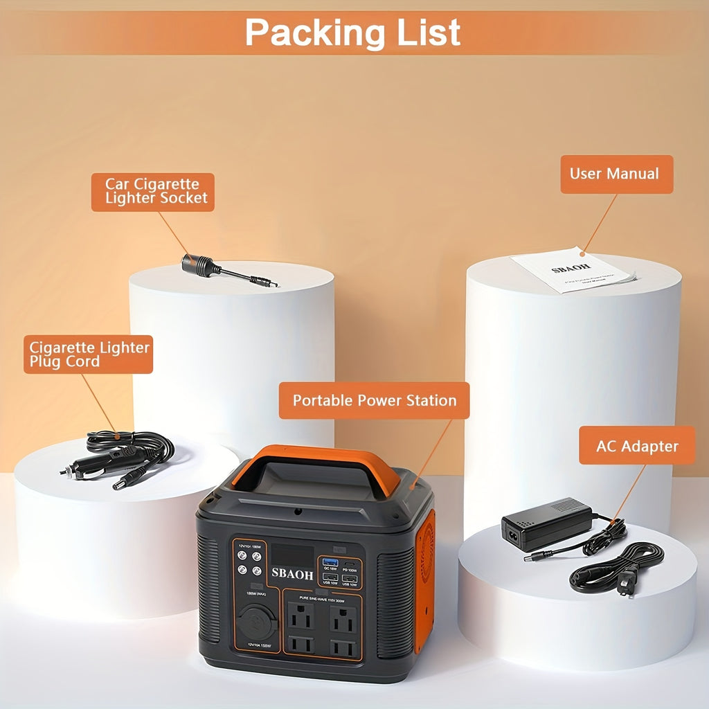 Portable Power Station 300W by SBAOH with Listed 296Wh Lithium-Ion Battery, 100W PD and Digital Display in Orange or Blue with Optional Solar Panel Package