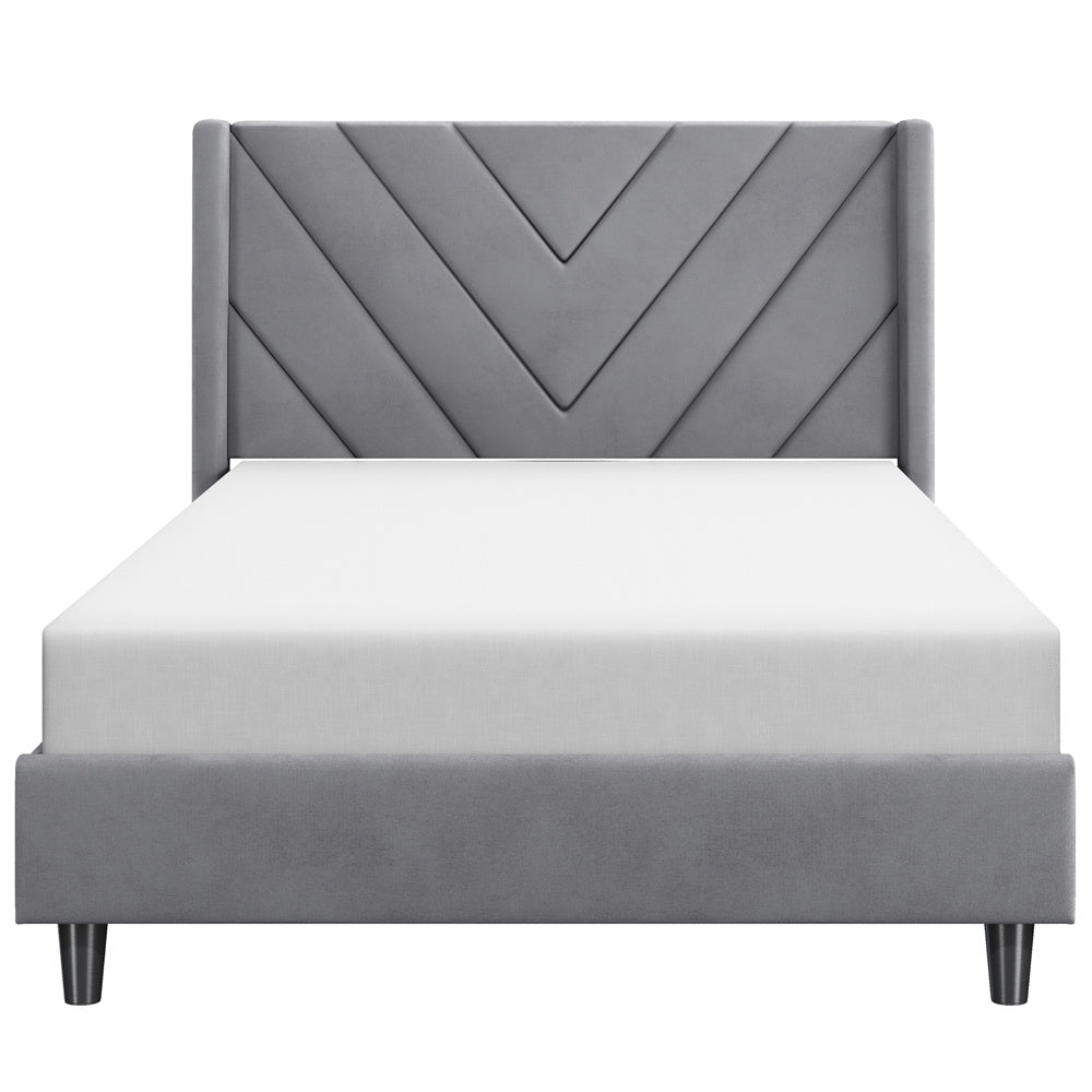 Velvet Platform Bed Frame by Costoffs with Wingback Headboard and Geometric Stitching, Wooden Slat Support, No Box Spring Needed, Twin to King Options