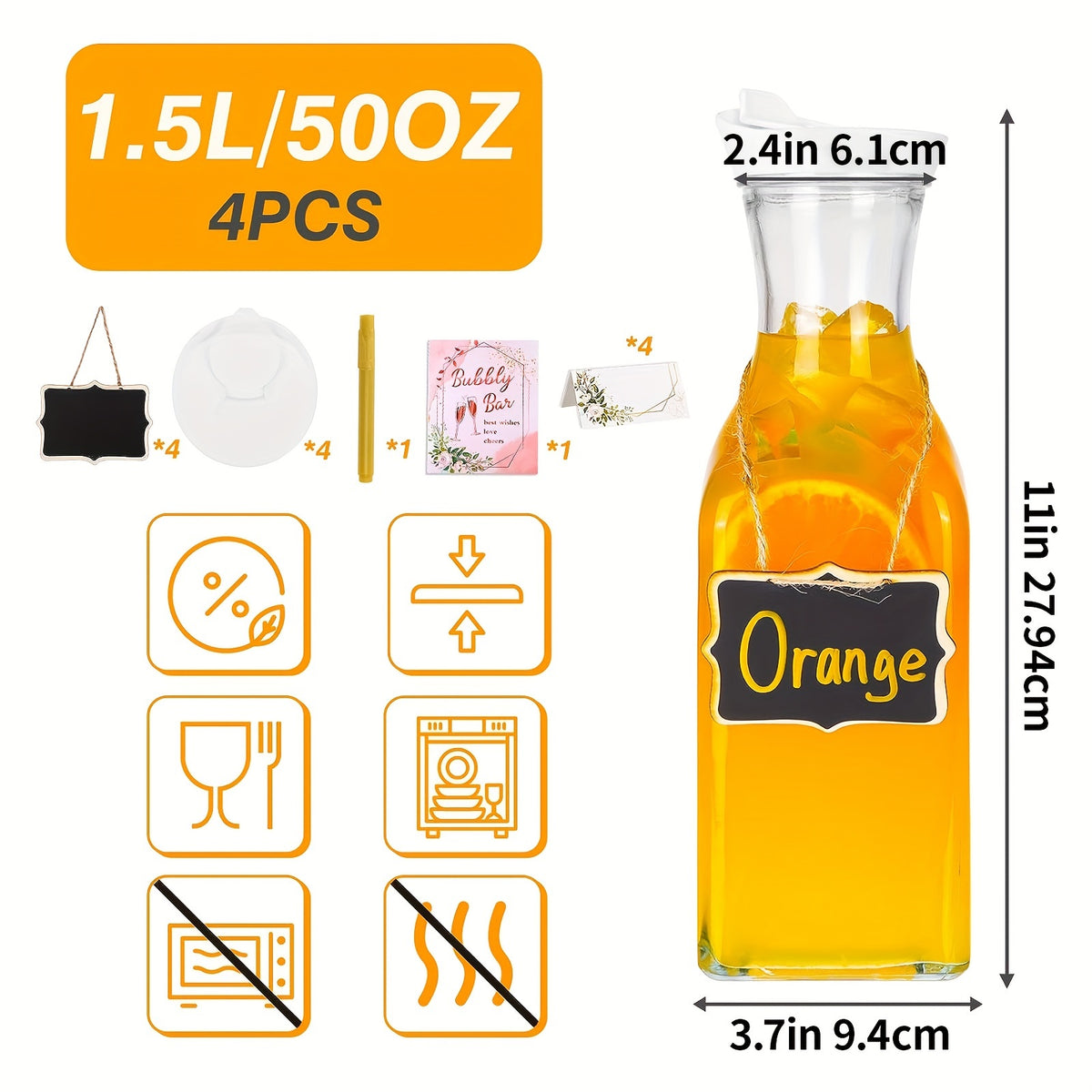 Glass Carafes with Lids, Four 1.5-Liter Beverage Serving Vessels for Iced Tea, Milk and Cold Brew Coffee at Family Meals, Weekend Brunches and Parties