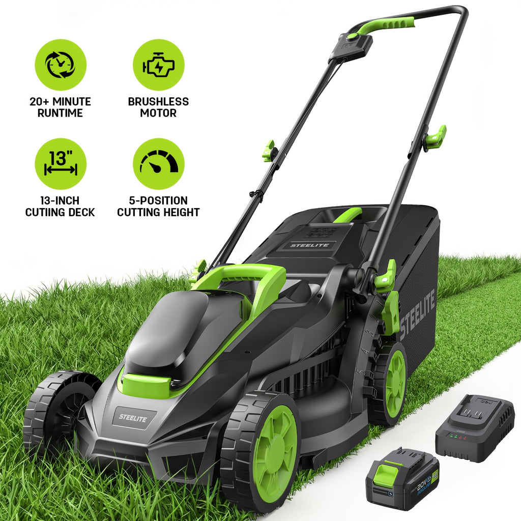 Cordless Lawn Mower by Deli Steelite, 13-Inch 21V Electric Mower with Brushless Motor, One or Two Batteries and Charger for Home Yard Care