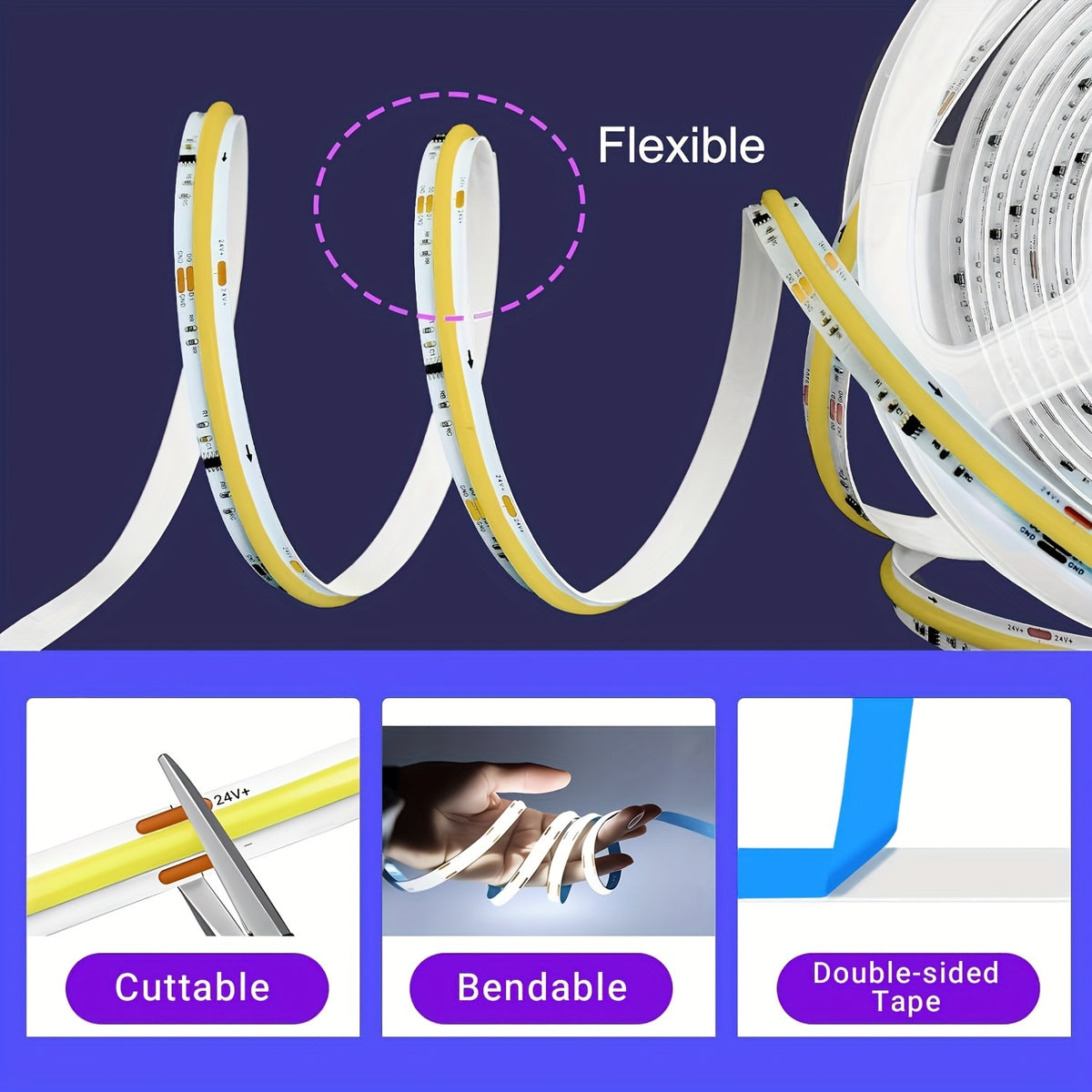 COB LED Strip Lights with Knob Dimmer, 32.8ft 24V Flexible Light Tape in White or Warm White, 8mm Width and CRI92+ for Cabinets, Shelves and Bedroom Accents