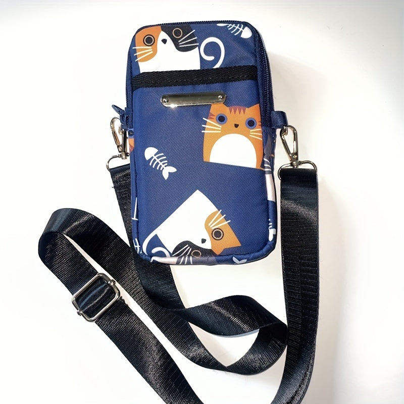 Adjustable Strap Crossbody Bag with Zipper Pockets, Blue Cat, Dark Blue, Pink or Blue Options for Everyday Essentials, Casual Errands and Travel Organization