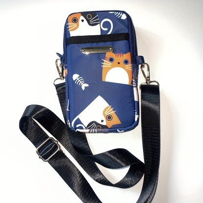 Adjustable Strap Crossbody Bag with Zipper Pockets, Blue Cat, Dark Blue, Pink or Blue Options for Everyday Essentials, Casual Errands and Travel Organization