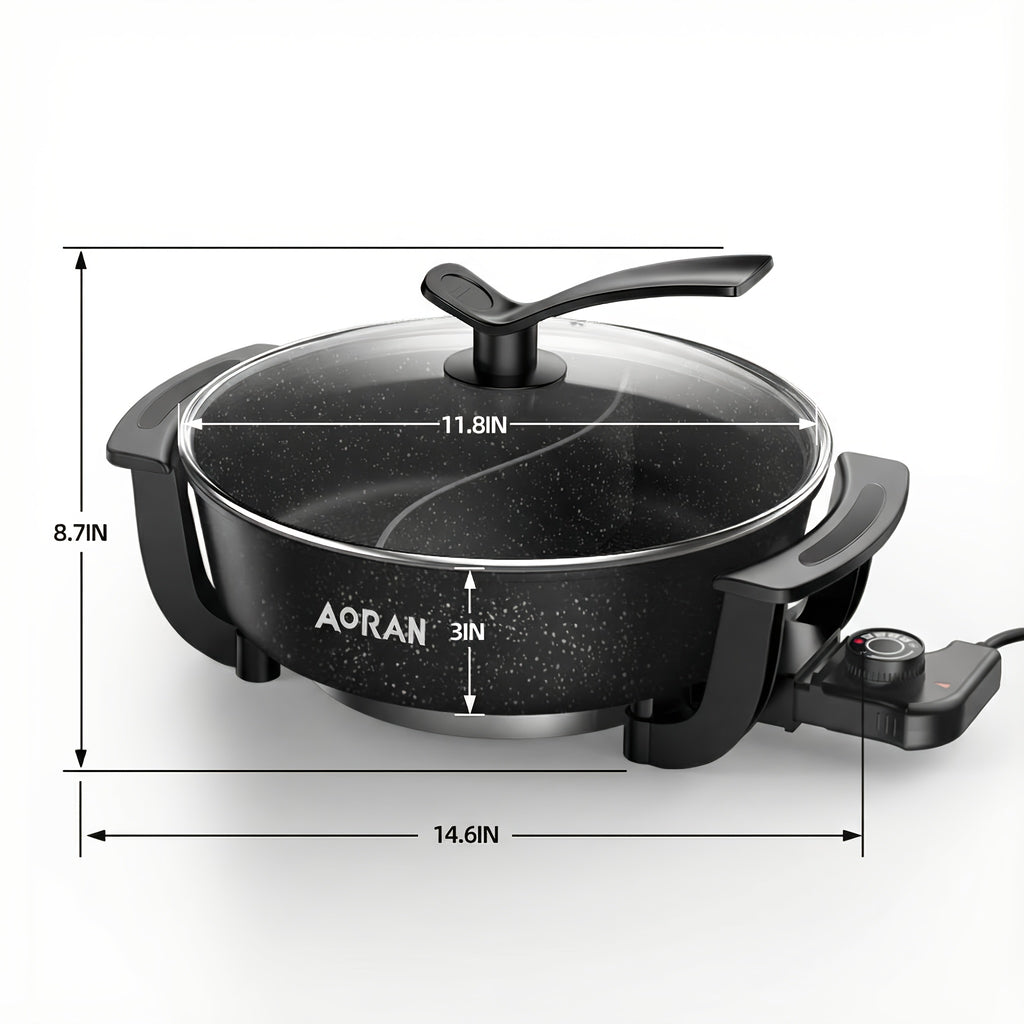Yin Yang Electric Cooking Pot by Aoran, Black Nonstick Kitchen Cooker with US Plug for Steaming, Boiling, Stir-Frying and Stewing, Gift Bag Option