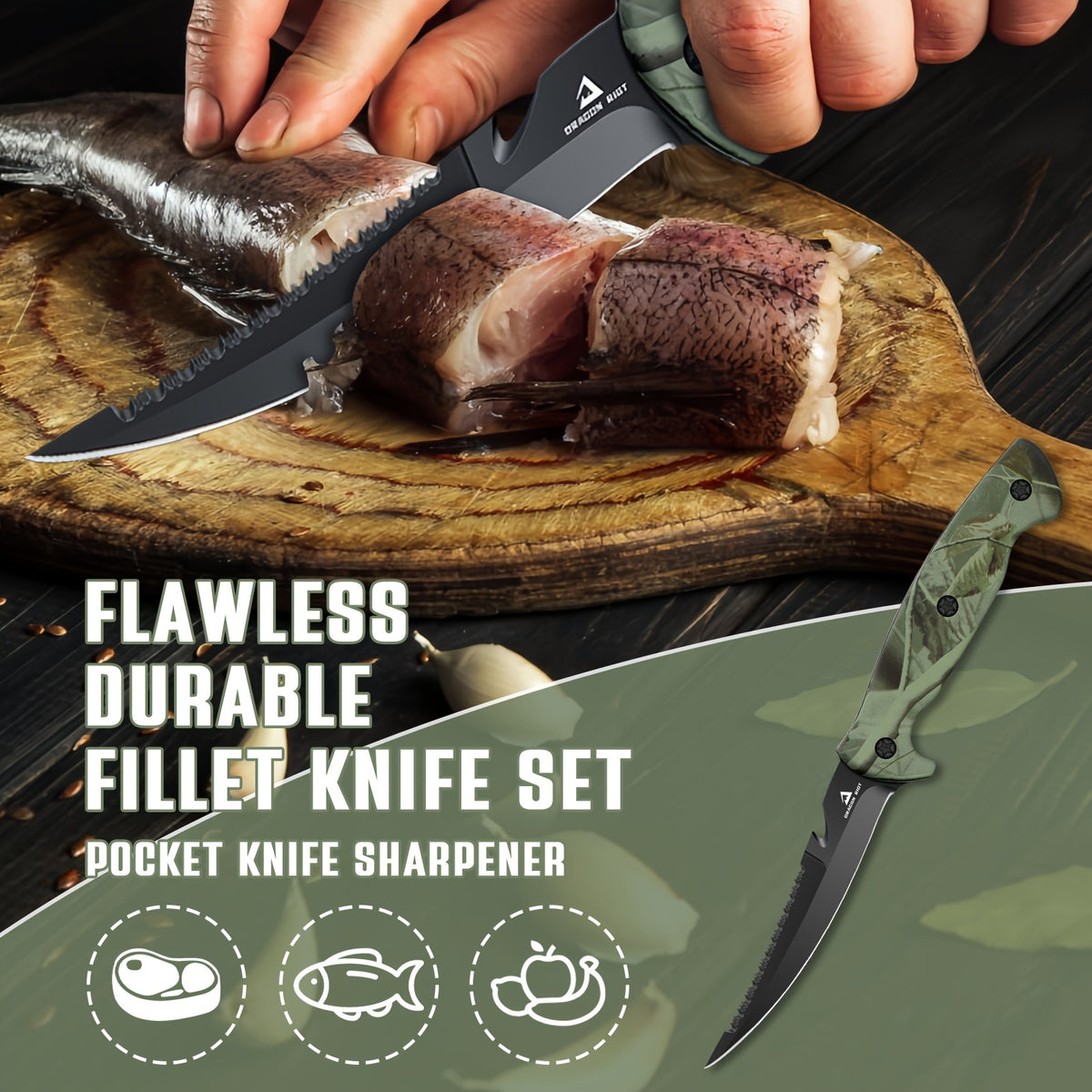 Fish Fillet Knife Set with 5, 6, 7 and 9 Inch Listed Blades, Stainless Steel Bait and Boning Tools with Carrying Bag, Sharpener and Optional Scissors Selection