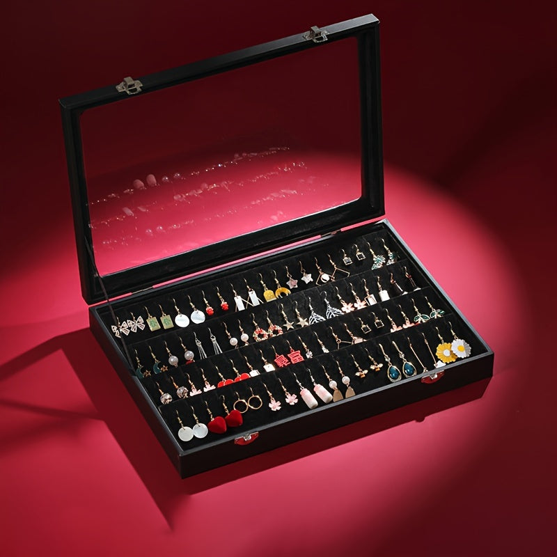 Glass Lid Jewelry Organizer in Black Synthetic Leather with Multi-Compartment Storage, Necklace Box or Earring Box Options for Dressers and Gift Selection
