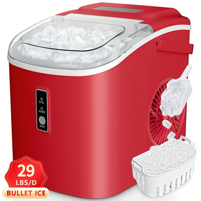 Portable Bullet Ice Machine, Self-Cleaning Ice Maker with Scoop and Basket, Black 26lb or Red and Silver 29lb Labeled Options for Kitchen Drinks and Gatherings