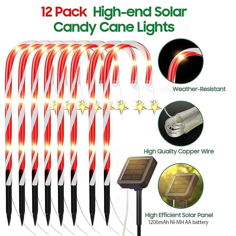 Solar Candy Cane Pathway Lights, 12-Piece Set with 48 Total LEDs, Eight Lighting Modes and Ground Stakes for Christmas Lawn, Garden and Front Yard Displays