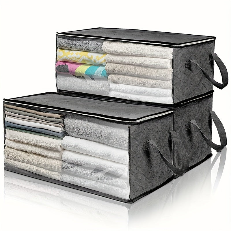 Windowed Clothes Storage Bags, Three-Piece Gray Foldable Organizer Set with Carry Handles for Suitable Blankets, Bedding, Pillows and Closet or Dorm Room Storage