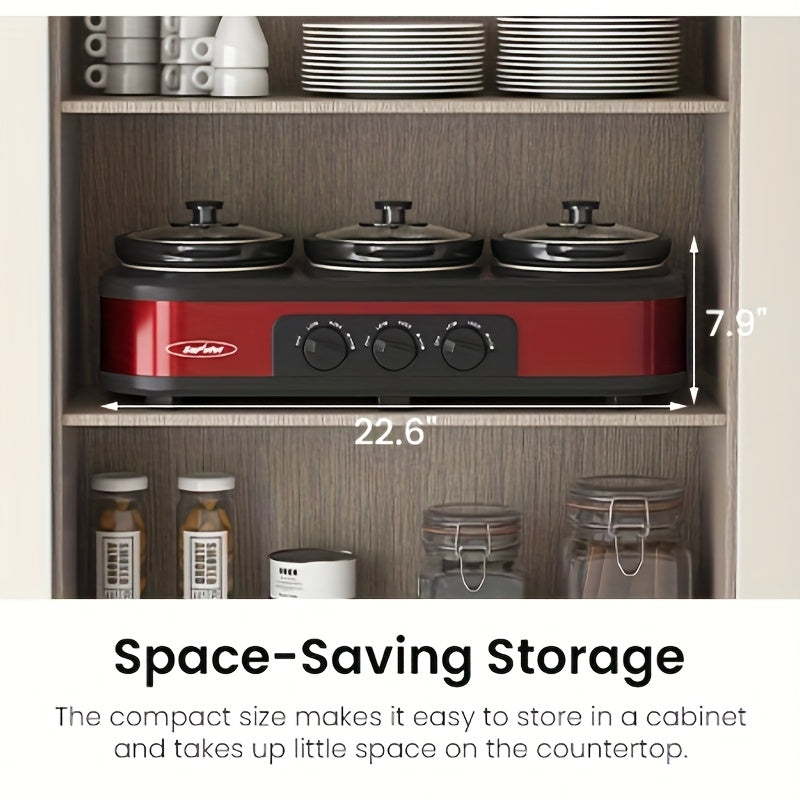 Triple Slow Cooker 3 x 1.5QT with Ceramic Pots and Glass Lids, 3 Cooking Settings, Buffet Server and Warmer for Parties and Family Gatherings