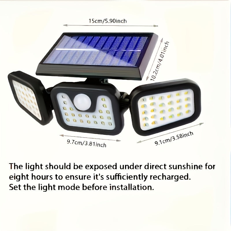 Three-Head Solar Motion Sensor Light with Listed 120 LEDs and 270-Degree Coverage, Outdoor Wall Floodlight in Single or Four-Pack Options for Yard and Garage