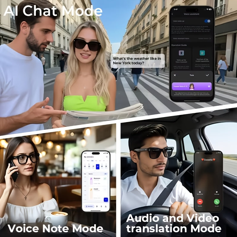 Photochromic Camera Glasses with 8MP Imaging, Stabilization, Photo Video and Audio Recording, AI Translation, Voice Control, Music and Dual Microphones