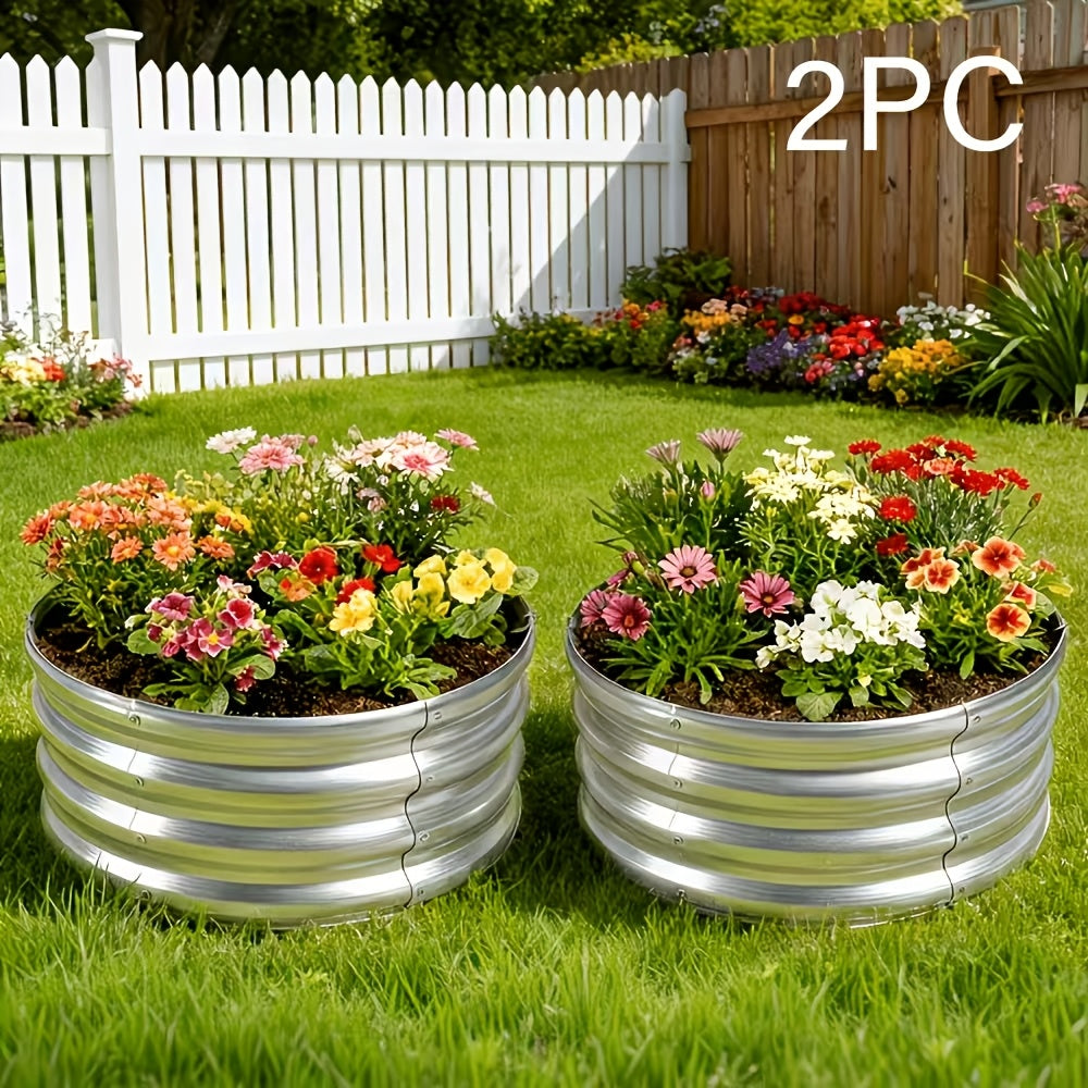 Galvanized Garden Planter Set with Listed Shovel, One or Two Metal Raised Beds with Oval or Round Design References for Outdoor Vegetable Gardening