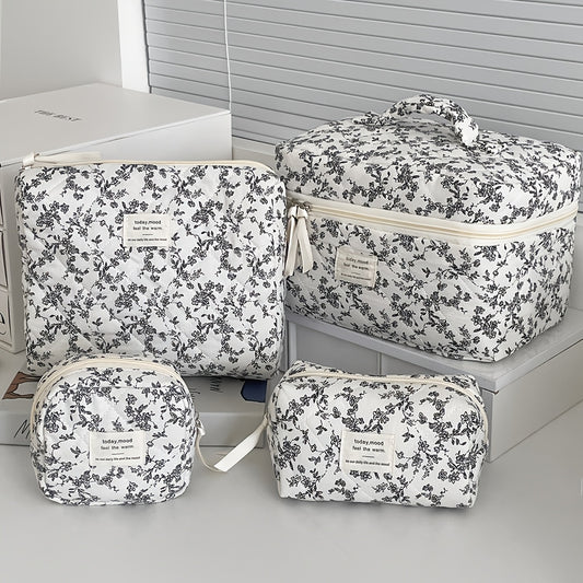 Floral Makeup Bag Set of 4 in Black and White French Floral Style, Portable Cosmetic Pouches for Skincare, Toiletries and Small Travel Essentials