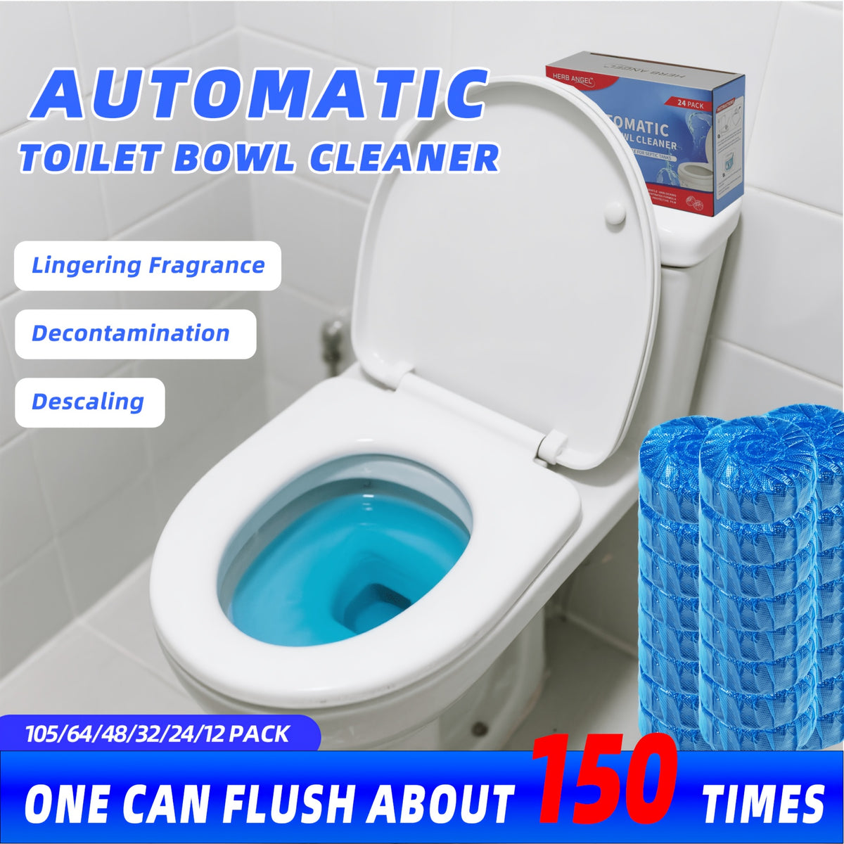 Blue Toilet Cleaning Tablets with Listed Ocean Fragrance, Automatic Toilet Bowl Cleaner Blocks in 24, 32, 48, 64 and 105-Count Options for Bathroom Care