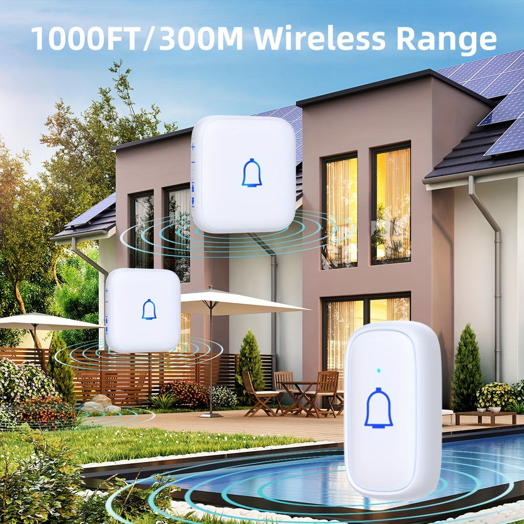 Wireless Doorbell Chime Kit with 1 Button and 2 Chimes, 56 Melodies, 7 Volume Levels and Mute Mode, Listed 1000ft Range for Home and Office
