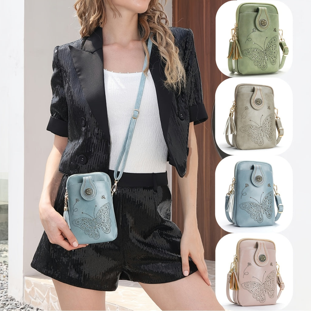 Butterfly Crossbody Phone Purse for Women with Shiny Pattern, Tassel, Adjustable Shoulder Strap and Zipper Closure in Five Colors for Everyday Outings
