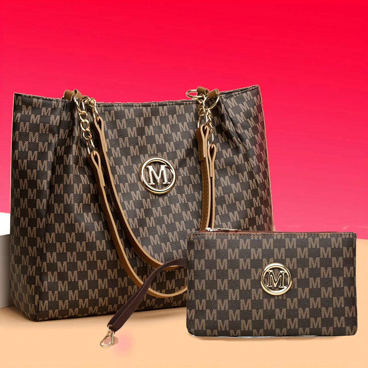 Lotus Print Shoulder Bag Set for Women with M Letter Pattern and M-Shaped Hardware, Listed Two-Piece Fashion Set with Fixed Shoulder Strap in Brown, Black or Beige