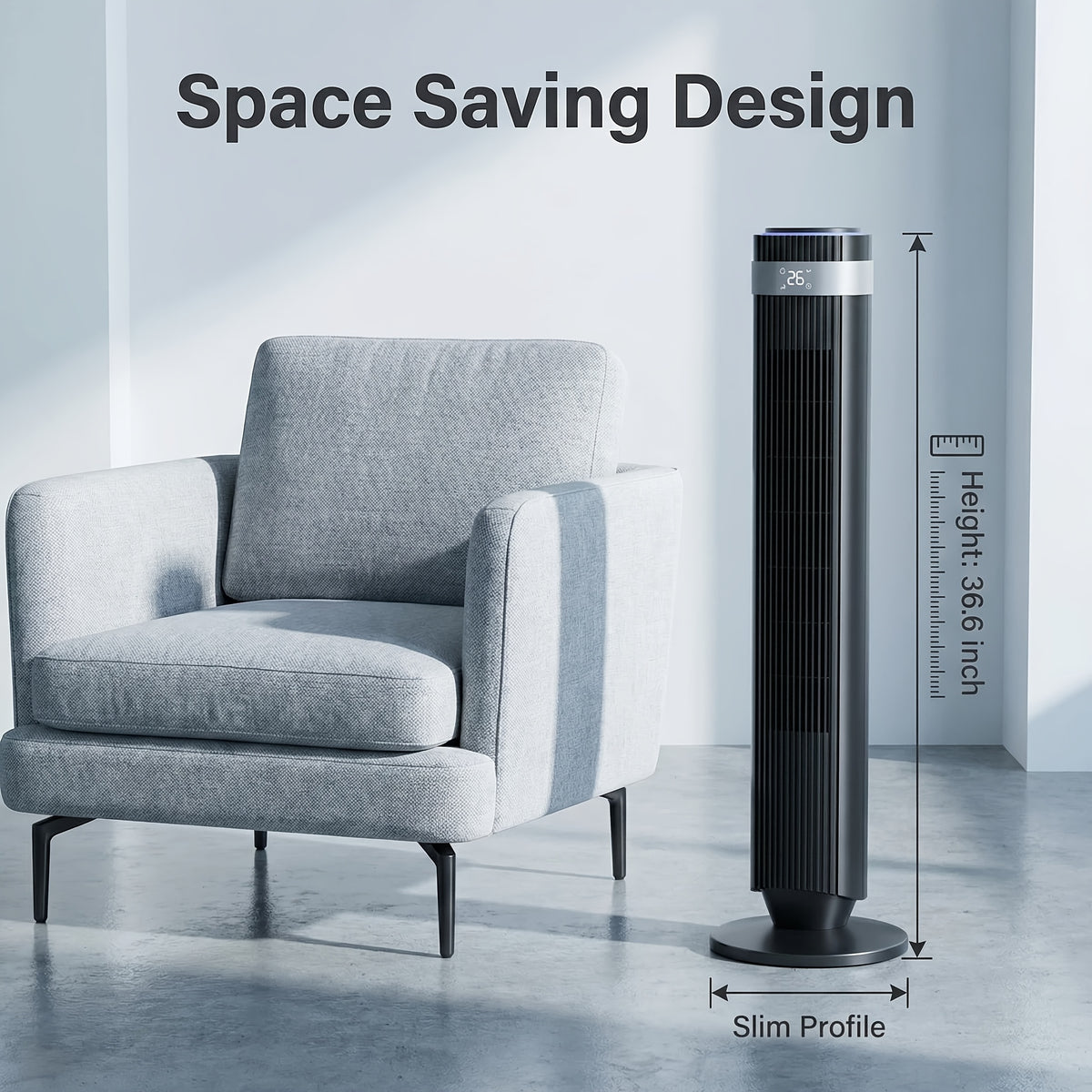DC Motor Tower Fan with Remote Control, Bladeless Standing Fan with 5 Speeds, 4 Modes and 12-Hour Timer for Bedroom, Living Room and Home Office