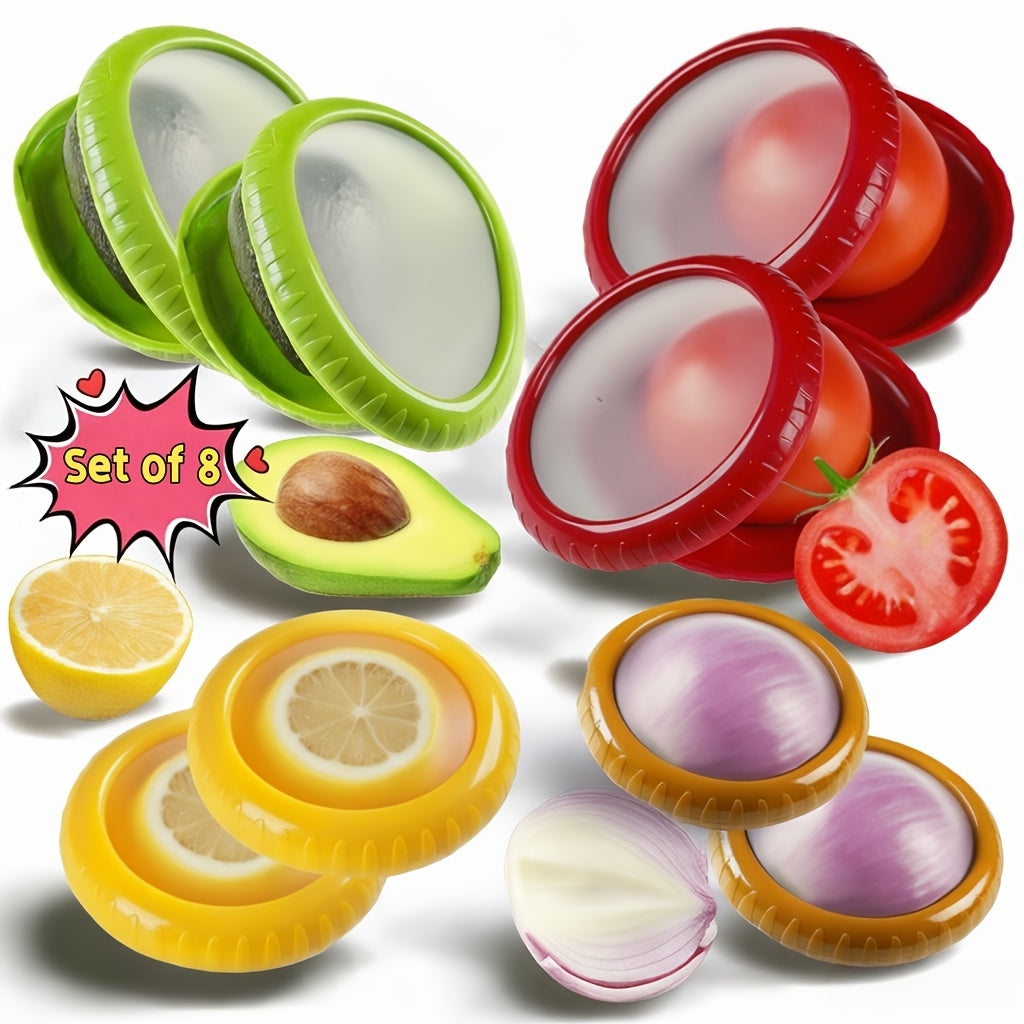Eight-Piece Reusable Fruit and Veggie Saver Set, Refrigerator Storage Boxes with Listed Airtight Sealing Design for Avocado, Onion, Tomato, Lemon and Garlic