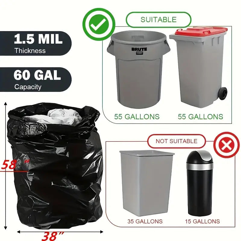 Black Large Trash Bags with Listed 55–60 Gallon Capacity, 25, 50, 100 or 150-Bag Options for Compatible Household Bins, Garden Cleanup and Camping Waste Collection