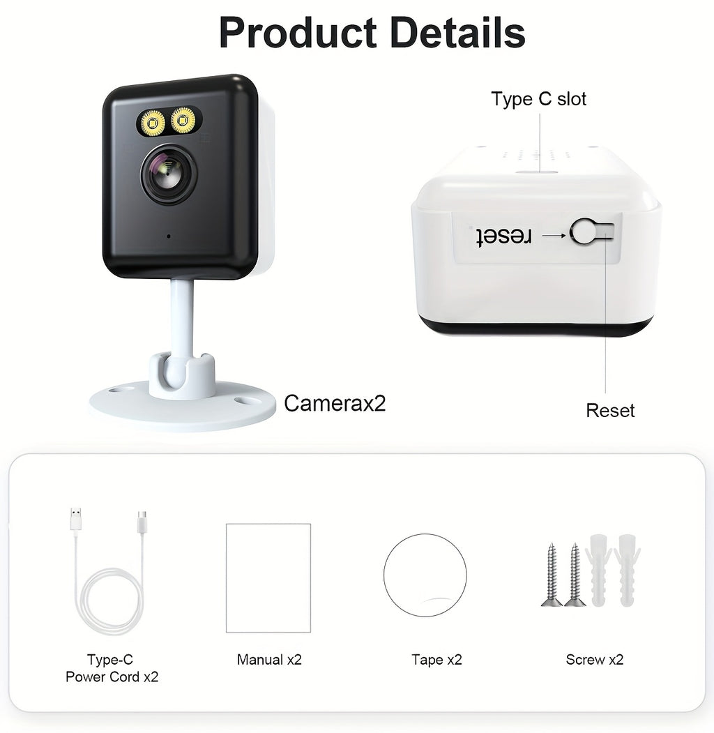App-Controlled Indoor Security Cameras with 2.4GHz WiFi, Full-Color Night Vision and Two-Way Audio, Four-Pack or Two-Pack 3MP Human-Detection Options