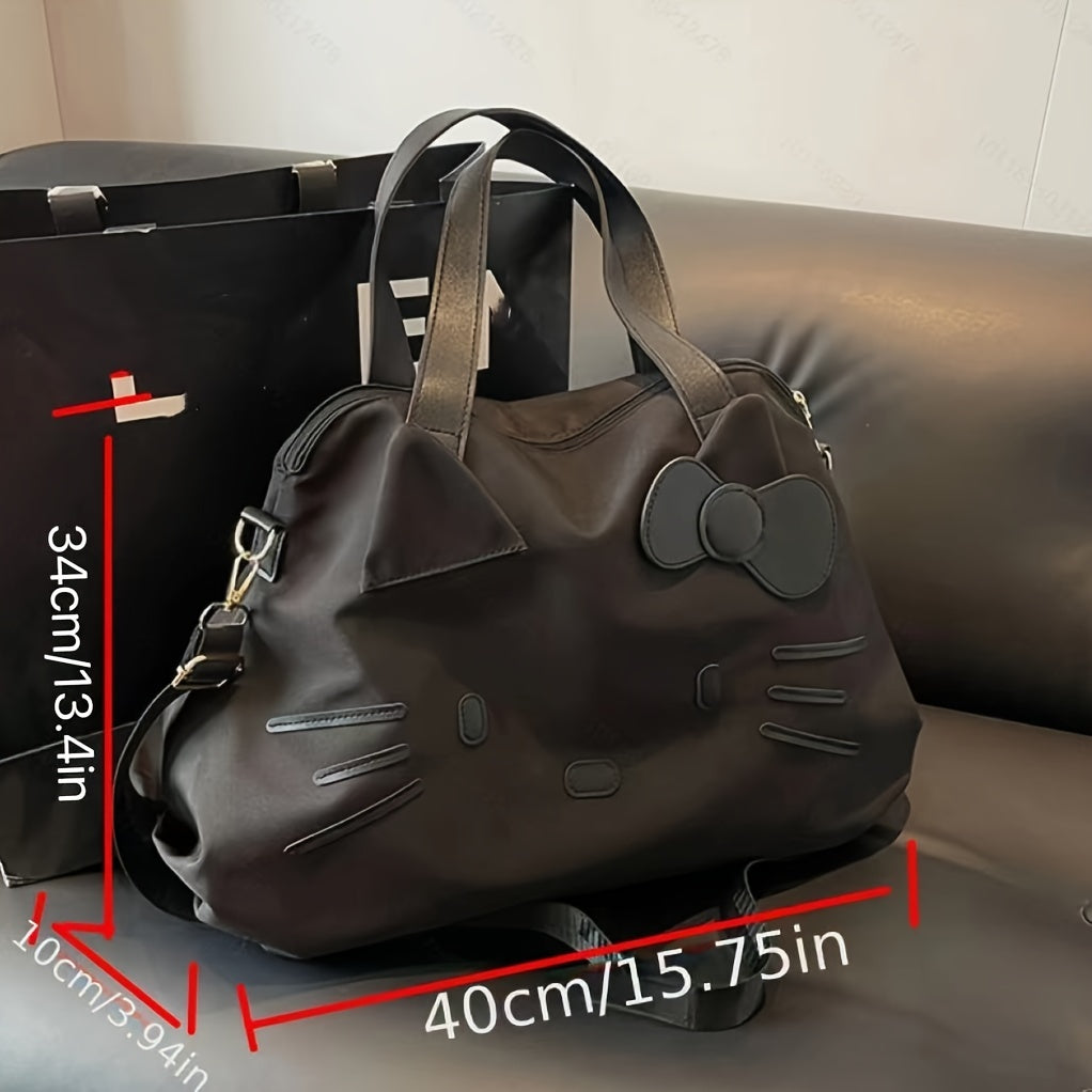 Bow Decorated Nylon Tote Bag with Hello Kitty Theme, Shoulder and Crossbody Carry for Daily Commutes, Gym Visits and Weekend Travel