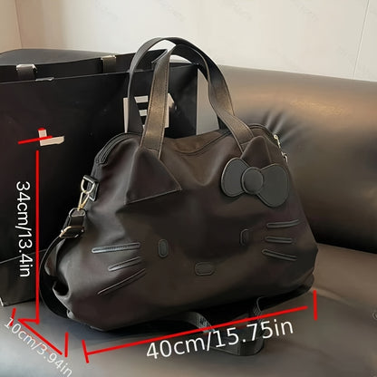 Bow Decorated Nylon Tote Bag with Hello Kitty Theme, Shoulder and Crossbody Carry for Daily Commutes, Gym Visits and Weekend Travel