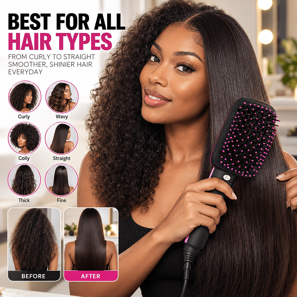 4-in-1 Hair Straightener Brush for Straightening, Curling, Volumizing and Drying, One-Step Blowout Styler with 2 Hair Clips and Rat-Tail Comb