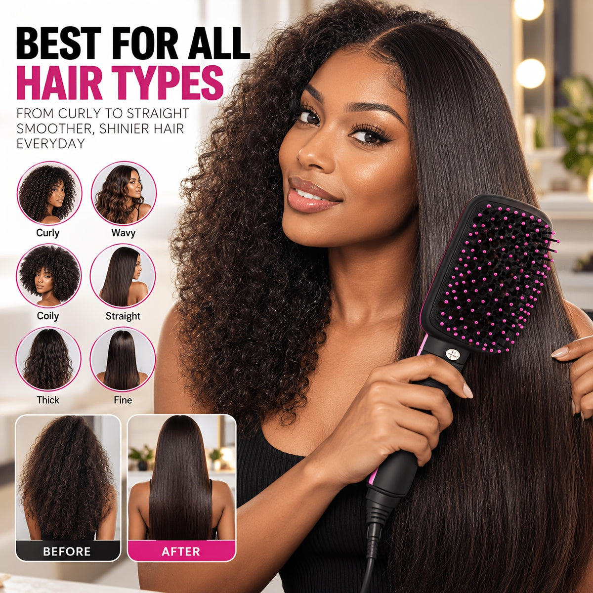 4-in-1 Hair Straightener Brush for Straightening, Curling, Volumizing and Drying, One-Step Blowout Styler with 2 Hair Clips and Rat-Tail Comb