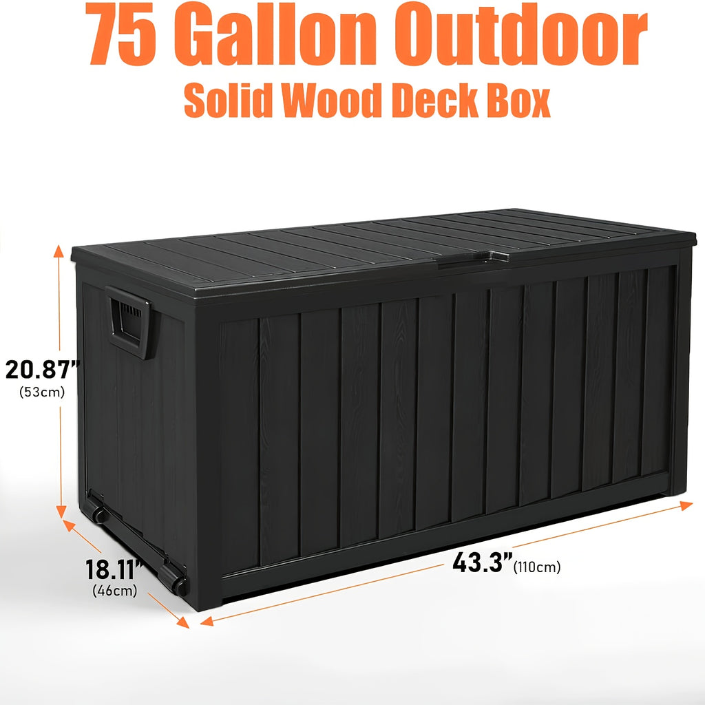 Outdoor Deck Storage Box in Black with Listed 75-Gallon Capacity, Locking Hole and Bottom Casters for Organizing Compatible Patio, Porch and Garden Essentials