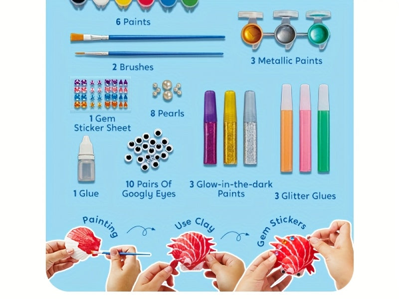 Seashell Painting Kit by SYNCFUN, 12-Shell Ocean Craft Set with 4 Glow-in-the-Dark Paint Bottles and 4 Brushes for Ages 6–12 Supervised Art Activities