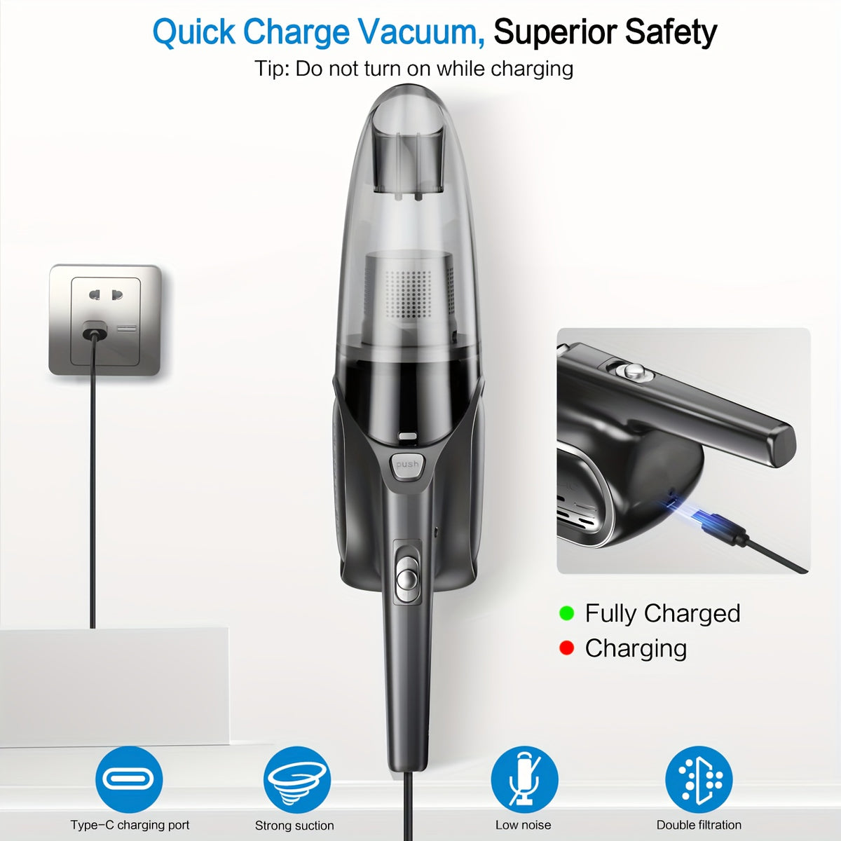 Mini Cordless Handheld Vacuum with 6000Pa Suction, Dual Filtration, One-Click Dust Cup Emptying and USB Charging, 2000mAh Battery for Home and Car Cleanup
