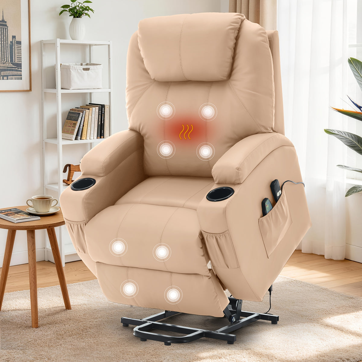 Power Lift Recliner Chair with Massage and Heating Functions, Remote Control and Cup Holder for Home Relaxation, Color and Upholstery Label Options