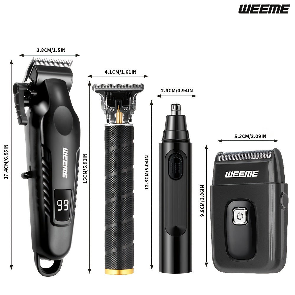 Four-Piece Men's Grooming Set in Black with Hair Clipper, Nose Trimmer, Electric Shaver and T9 Detailer, Listed USB Rechargeable Design and Eight Guide Combs