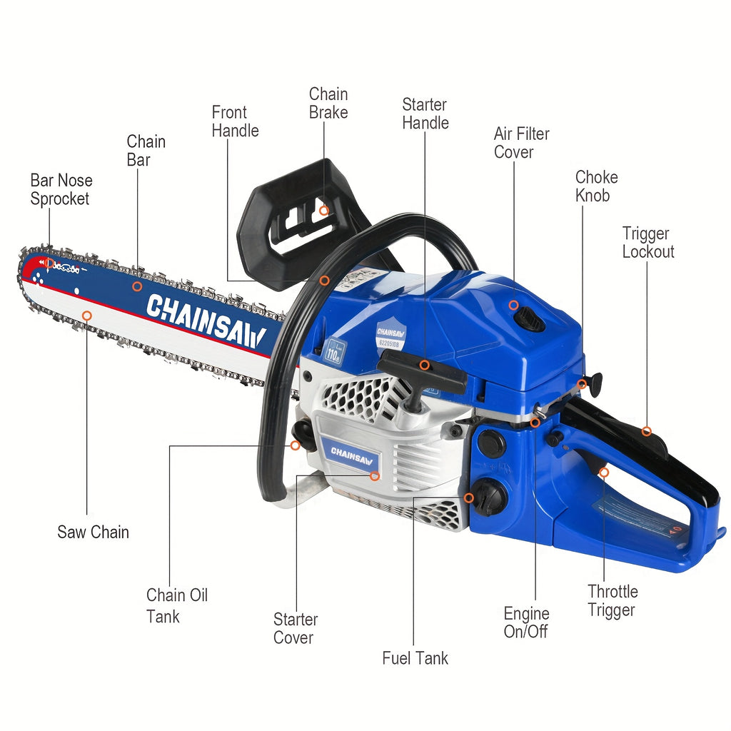 Gas Chainsaw with 62cc Two-Stroke Engine and Listed 20-Inch Bar, Four Color Options with Tool Kit, Oil Can and Bar Cover References for Outdoor Wood Cutting